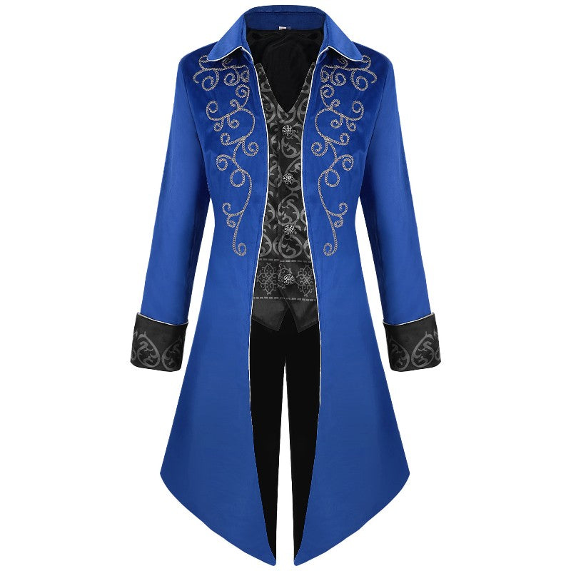 2025 Medieval Vintage Silver Trim Jacquard Men's Tuxedo, COS Prom Performance Steampunk Dress Jacket, Easter Halloween Costumes
