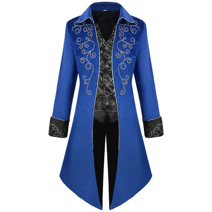 2025 Medieval Vintage Silver Trim Jacquard Men's Tuxedo, COS Prom Performance Steampunk Dress Jacket, Easter Halloween Costumes