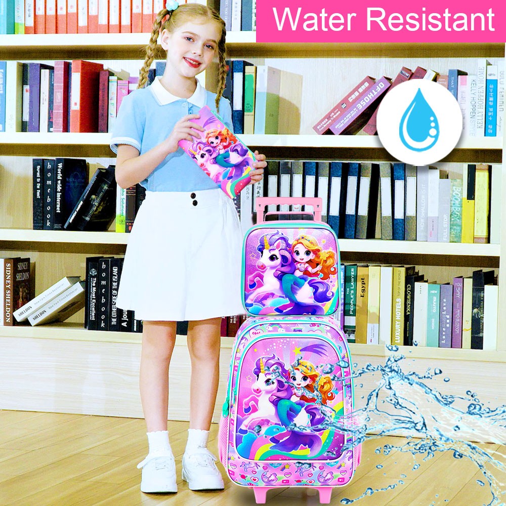 4PCS Rolling Bookbag for Girls, Cute Kids Mermaid Wheeled Backpack?Unicorn Roller School Bag with Wheels for Elementary Preschoo