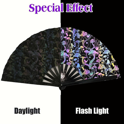33 CM Bright Flash Reflective Glitter Folding Hand Fan with Holster, Mushroom Folding Fan for Raves Music Festivals, Carnivals