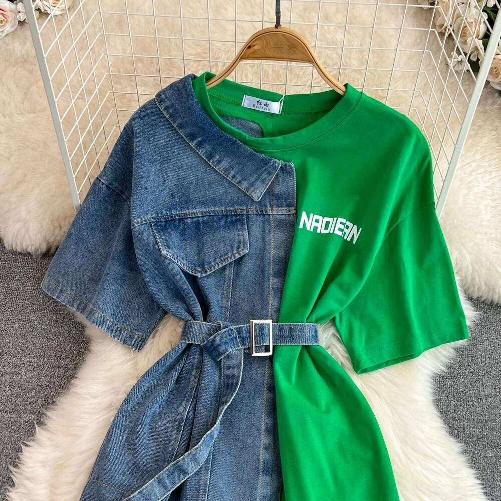 XFPV Women's Sweet high Waist Wrap Belt Round Neck patchwork Denim Shirt  Chic Top Y2k Korean Fashion Spring Summer 2025 SM11327
