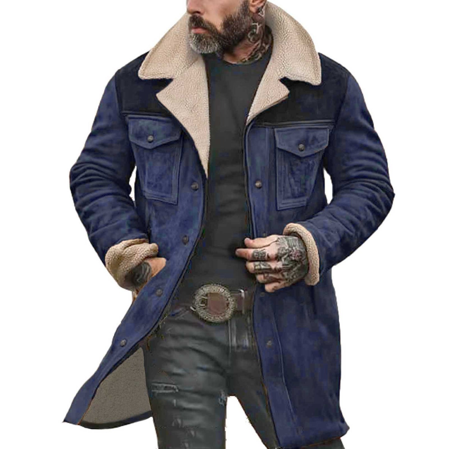 Autumn Winter Men Jacket Lapel Single-Breasted Mid-Length Coat Windproof Jacket Suede Multi Pockets Outerwear Men Clothing