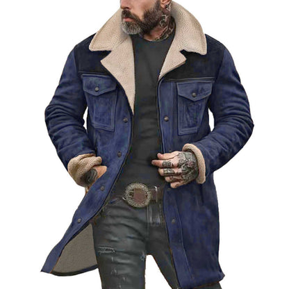 Autumn Winter Men Jacket Lapel Single-Breasted Mid-Length Coat Windproof Jacket Suede Multi Pockets Outerwear Men Clothing