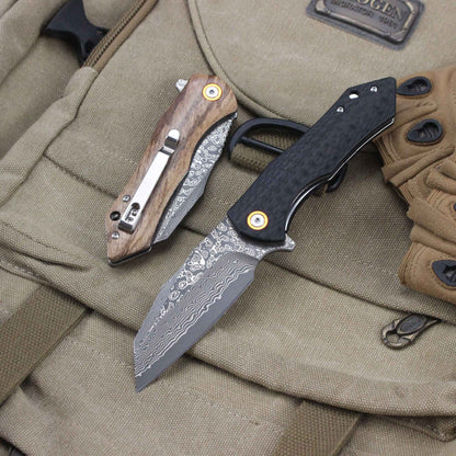 Damascus Pattern Folding Knife Wood Handle Portable Outdoor Self-defense Pocket knife High Hardness EDC Camping Kitchen Knives