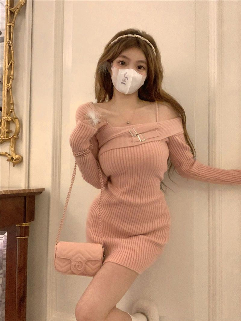 MEXZT Y2K Knitted Mini Dress Women Streetwear Sexy Off Shoulder Sweater A Line Dresses Christmas Party Korean Bodycon Vestidos