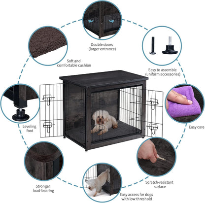 Móvel Canil para Cães com Almofada, Mesa Canil de Madeira, Portas Duplas, Casinha de Cachorro Interna, Pequeno a GG, 69,08 cm C, Cinza Escuro