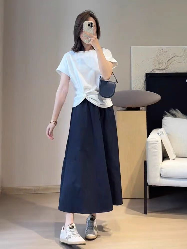 2026 Solid Color Big Size Half Skirt Women Leisure A- Line with Pocket Chinese Origin Simple Plus Size Mid Length Skirt