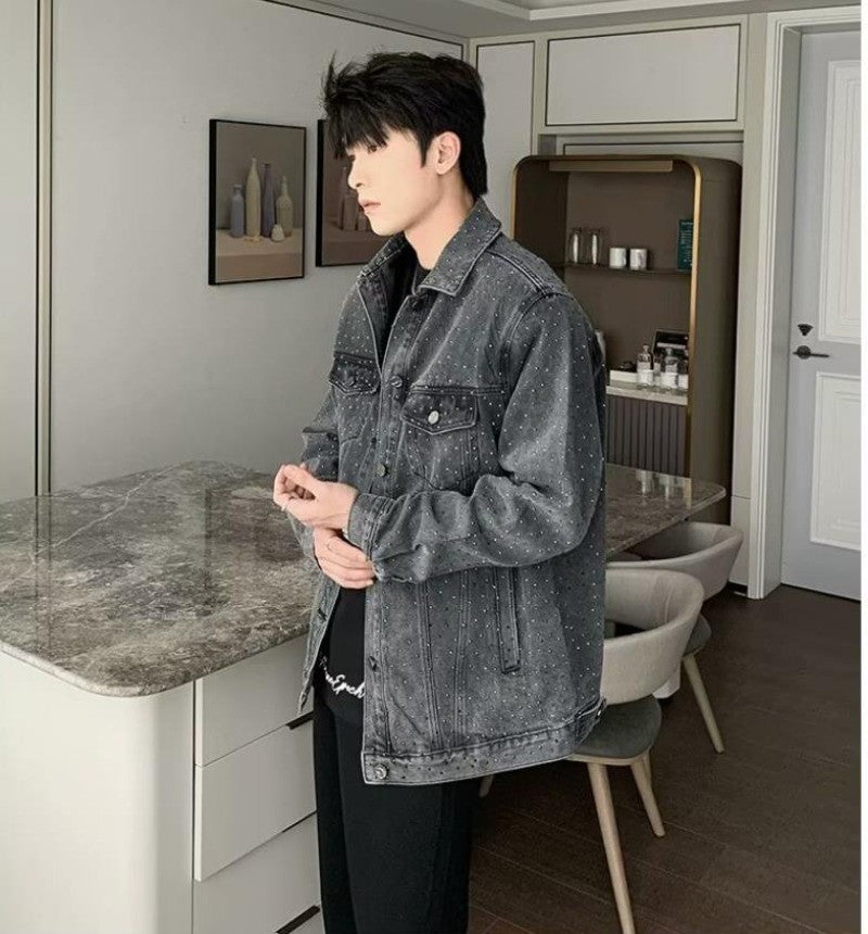 American Trendy Denim Jacket Mens Make Old Flash Diamond Fashion Outwear Spring Single-breasted Street Couple Cowboy Coats