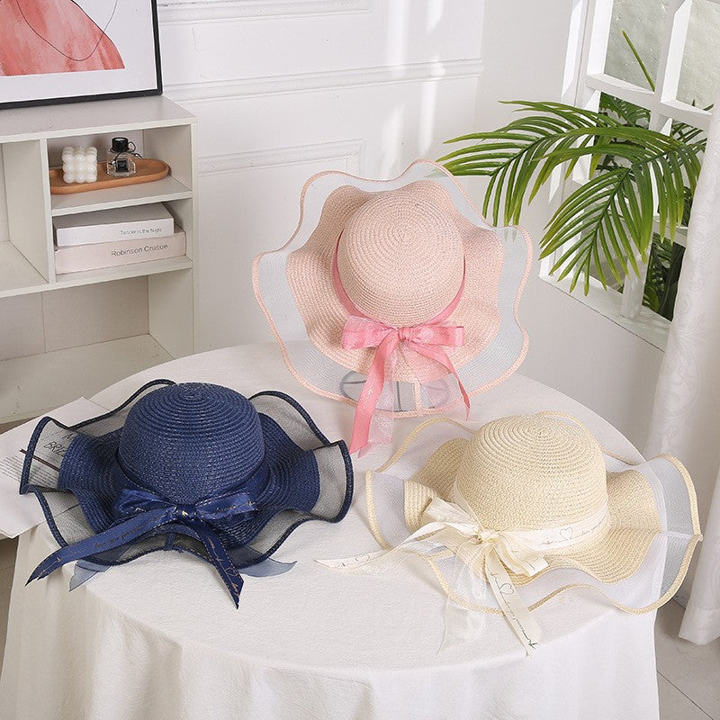 Chapéu de sol feminino dobrável de aba larga com laço, chapéu de palha elegante para proteção solar, moda praia 2021 gorras