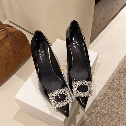 2025 Autumn Fashion New Sexy Banquet High Heels - Comfortable Crystal Square Buckle Pair with Dress Pointed Toe Women's Shoes