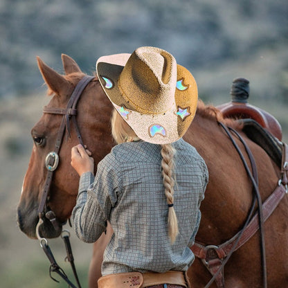 Suncatcher Cowgirl Straw Prism Hat Cowboy Hat Handmade Weave Women Straw Cap Wide Brim Women's Fashion Sun Hat for Summer Beach