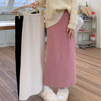 New pink autumn/winter corduroy skirt loose large size high waist slim A-line long women's skirt