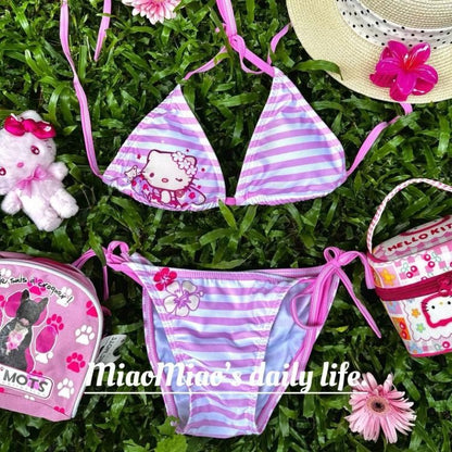 2Pcs Sexy Hot Girls Bikini Swimsuit Suit Y2K Hello Kitty Sanrios Anime Women Kitty Strap Underwear Bra Panties Beach Seaside Spa