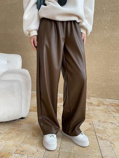 High Elastic Waist Coffee Pu Leather Long Wide Leg Pants New Trousers Women Fashion Tide Spring Autumn