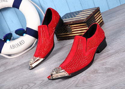 luxury mens shoes Stick diamond red  metal pointed party wedding Dress shoes man
