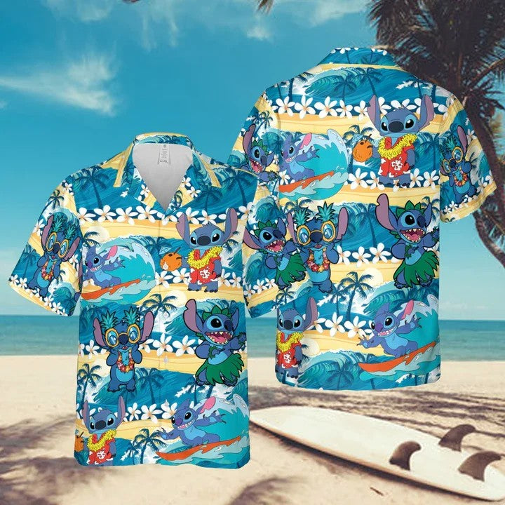 Miniso Stitch Hawaiian Shirts Vacation Shirts Men's Disney Hawaiian Shirts Casual Button Down Short Sleeve Shirt Vintage T-Shirt