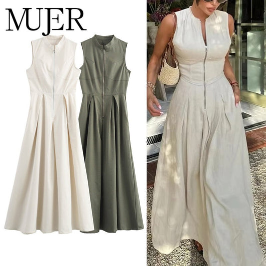 MUJER Zipper Long Dress Woman Pleated Sleeveless Bodycon Dress Summer Elegant Pa