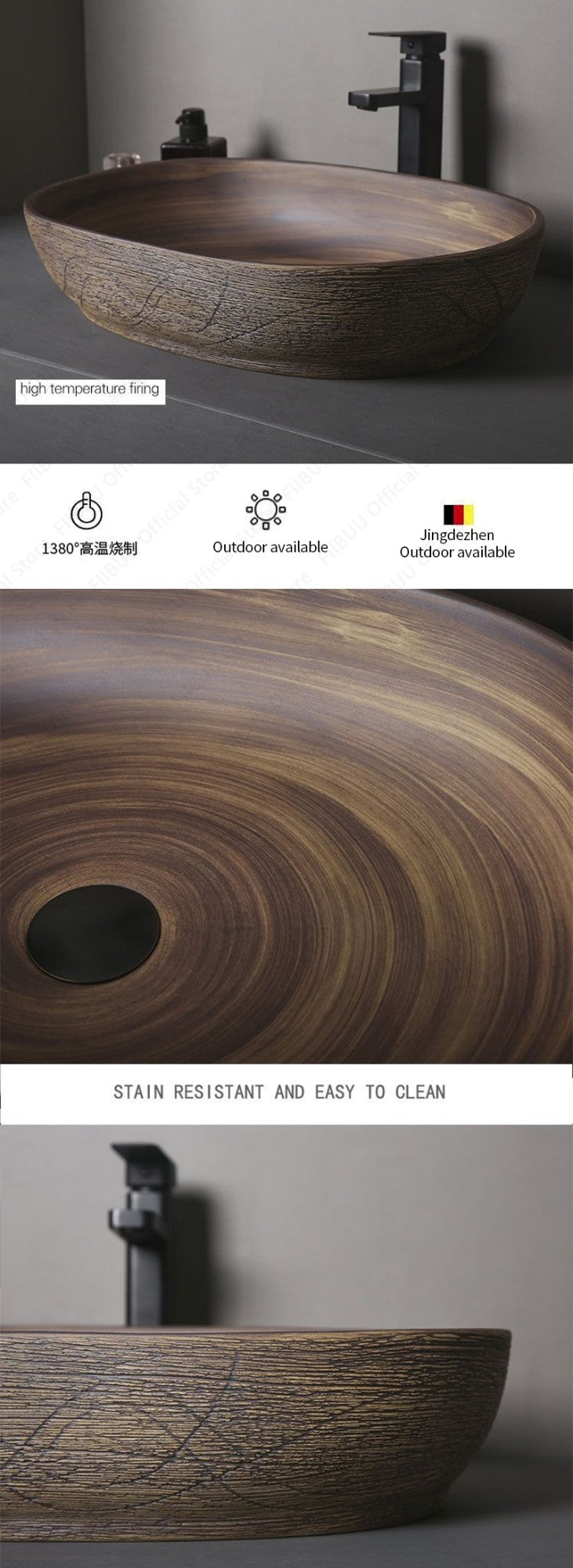 Cuba de Cerâmica Marrom para Lavatório de Banheiro Oval Artística para Mesa de Banheiro, Bacia de Lavar Roupa para Varanda, Bacia de Pedestal Acima do Balcão