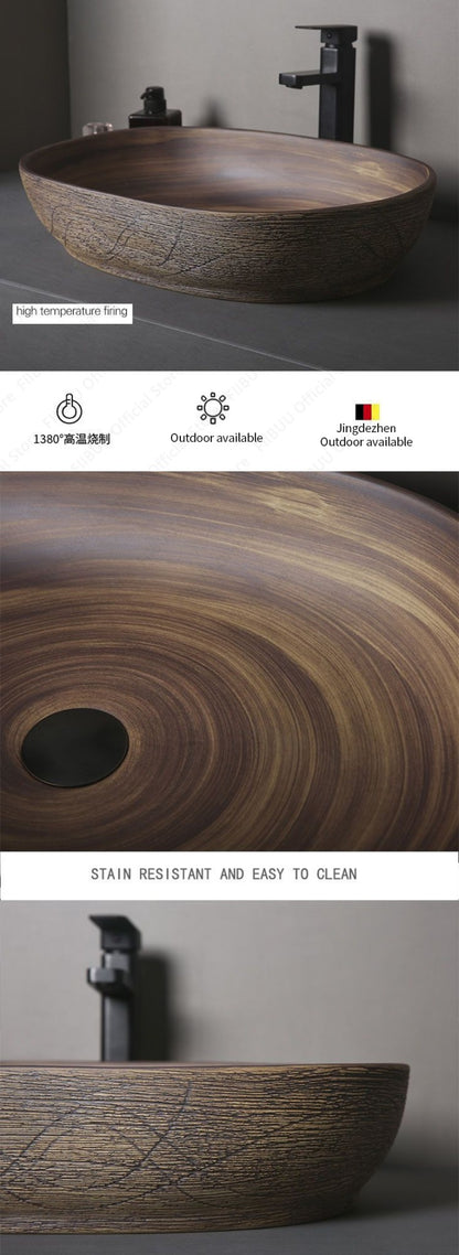 Cuba de Cerâmica Marrom para Lavatório de Banheiro Oval Artística para Mesa de Banheiro, Bacia de Lavar Roupa para Varanda, Bacia de Pedestal Acima do Balcão