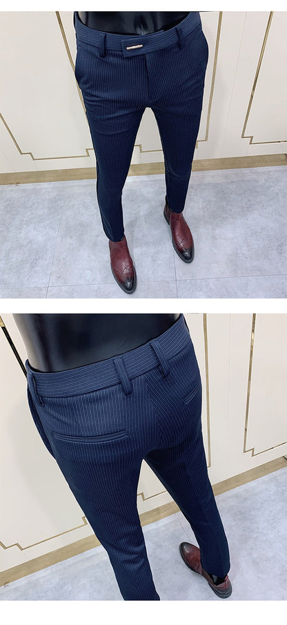 Calça Social Listrada Masculina Slim Fit com Tornozelo Justo Calça Social Masculina para Escritório e Festa Calça Social Masculina para Negócios Slim Fit