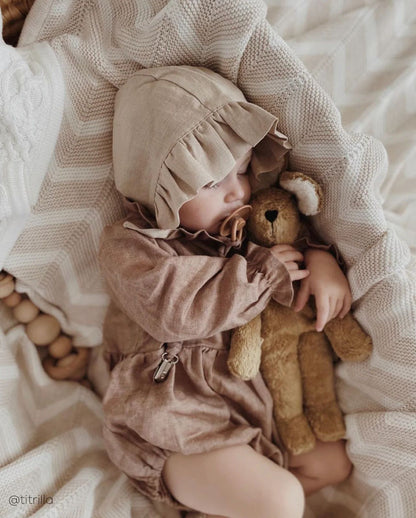 2Pcs Spring Baby Girls Playsuit With Hat Long Sleeves Newborn Romper Cotton Linen Fabric Infant Clothes