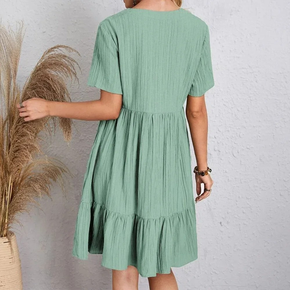 Women Summer Peplum Dresses Spring V-Neck Short Sleeve Loose Waist Ruffle Fit Fl