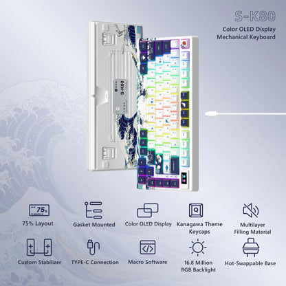 Teclado Mecânico Womier SK80 Gasket Mounted, Teclado Gamer de 81 Teclas 75% com Hot Swap RGB e Tela Inteligente para PC