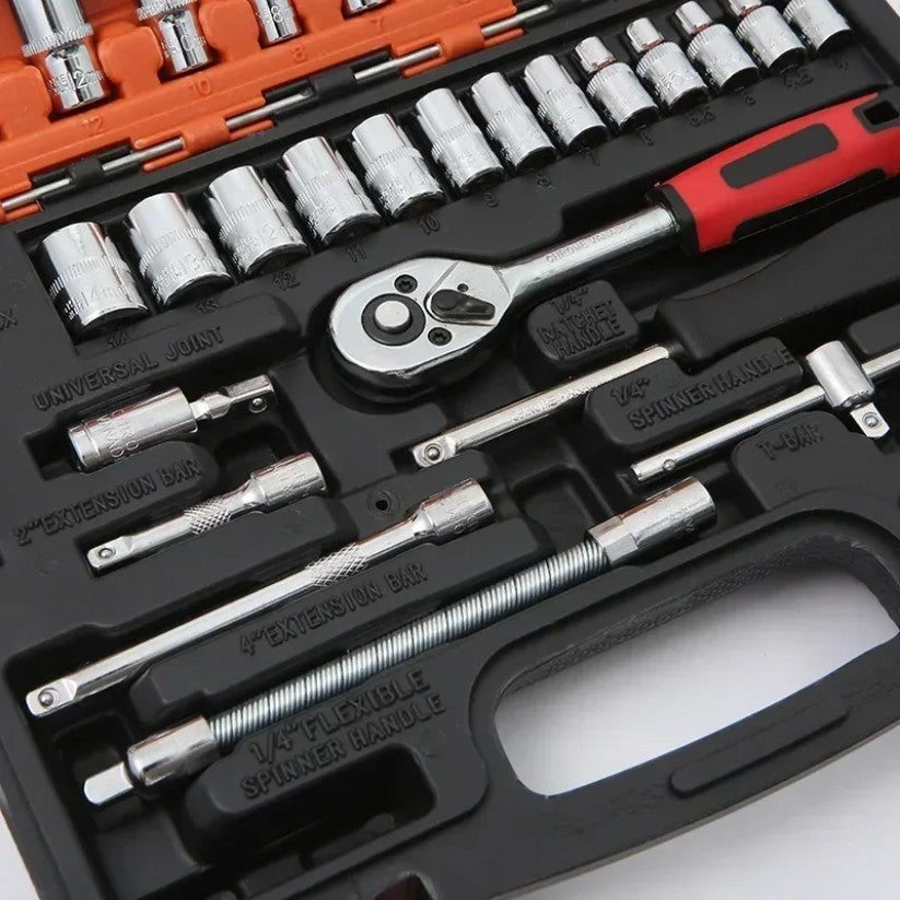 Jogo de Chaves Catraca Soquete 46 Peças para Motocicleta Encaixe 1/4 Pol. Kit Completo de Reparo Automotivo para Manutenção de Carros e Bicicletas da Amagi