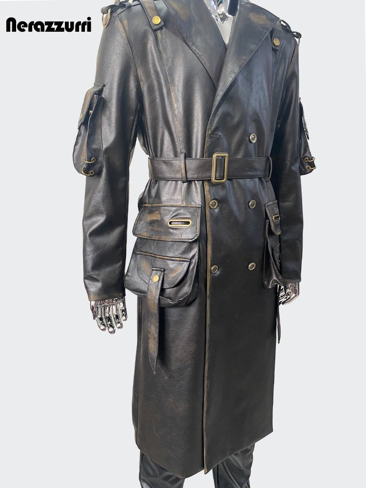 Nerazzurri Spring Autumn Cool Long Waterproof Distressed Black Pu Leather Trench Coat Men Belt Pockets Luxury Designer Clothes