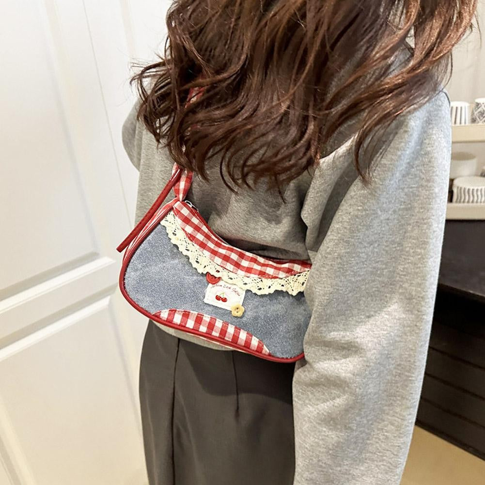 New Cute Checkered Handbags Sweet Lace Underarm Bag Bowknot Armpit Shoulder Crossbody Bag Y2k Fashion Casual Shoulder Bag