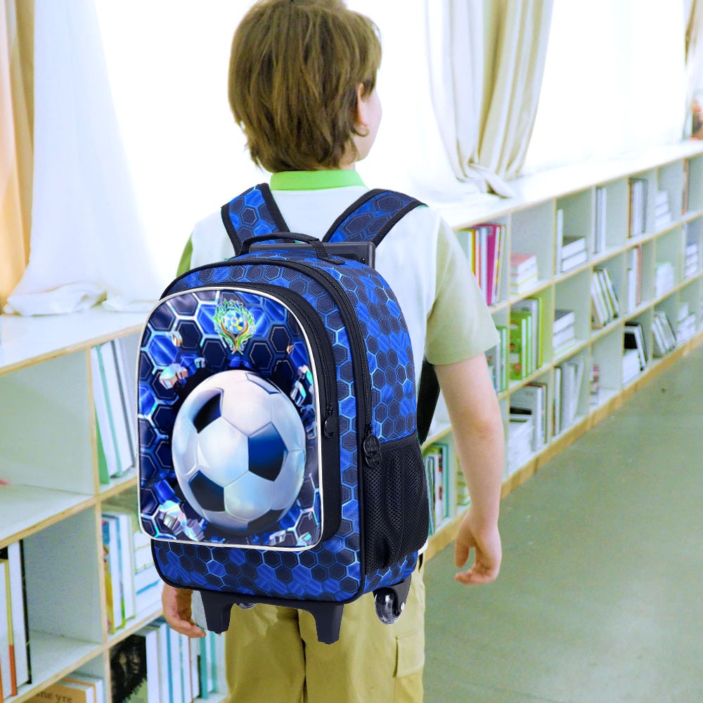 Mochila de Rodinhas 3 Peças para Meninos, Mochila Escolar com Rodinhas de Futebol com Lancheira, Mochilas de Rodinhas de Futebol para Adolescentes Meninos Ensino Fundamental