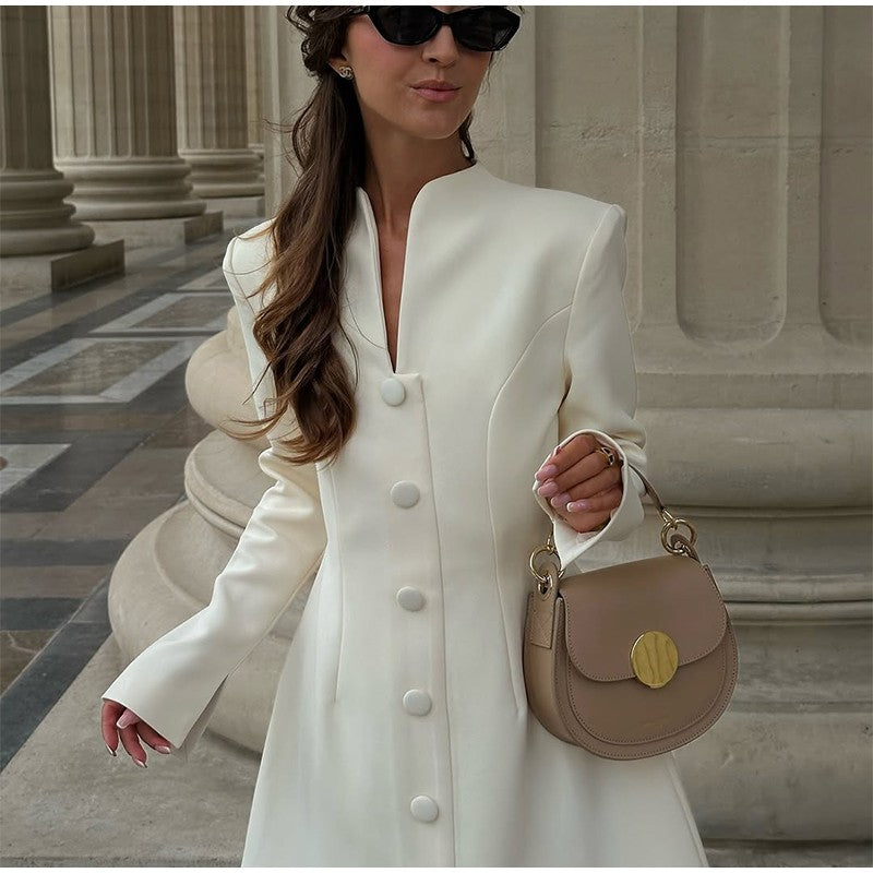 Fashion Solid Cinched-waist Mini Dress Women Elegant Lapel Full Sleeve V-neck A-line High Waist Dresses Lady Office Commute Gown