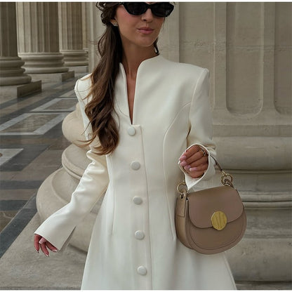 Fashion Solid Cinched-waist Mini Dress Women Elegant Lapel Full Sleeve V-neck A-line High Waist Dresses Lady Office Commute Gown