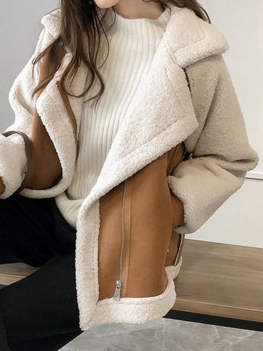 Autumn Winter New in Loose Retro Fur Integrated Suede Jacket Women's Short Casual Warm Lamb Fleece Motorcycle Jacket Tops