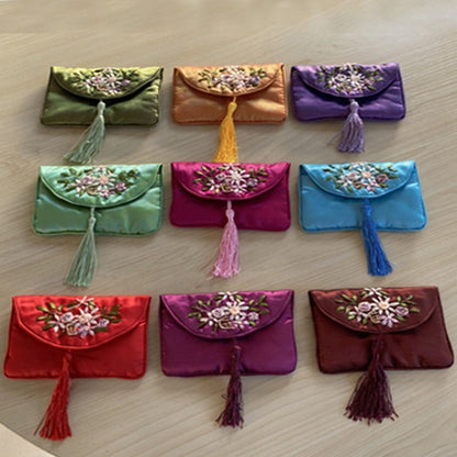 Retro Embroidered Flower Women Tassels Handbags Elegant Handmade Ethnic Style National Small Bag Card Storage Zipper Coin Purse