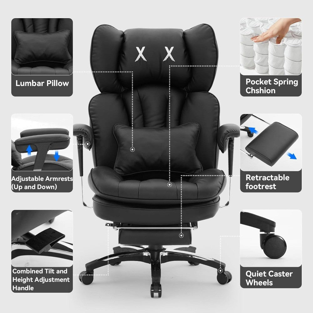 Cadeira de Escritório Grande e Alta para 400lbs, Cadeira de Escritório Executiva Ergonômica de Encosto Alto com Apoio para os Pés, Cadeira de Mesa de Computador Larga para Home Office