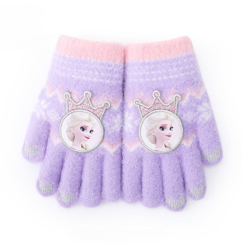 Disney Frozen Elsa desenho animado fofo e feminino coração outono e inverno luvas infantis grossas e quentes à prova de frio com dedos inteiros para atividades ao ar livre