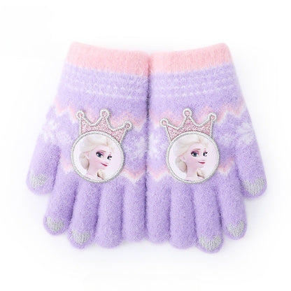 Disney Frozen Elsa desenho animado fofo e feminino coração outono e inverno luvas infantis grossas e quentes à prova de frio com dedos inteiros para atividades ao ar livre