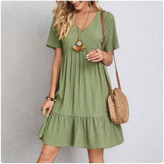 Women Summer Peplum Dresses Spring V-Neck Short Sleeve Loose Waist Ruffle Fit Fl