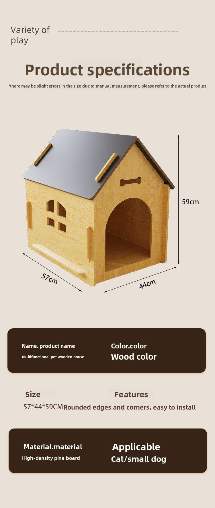 Casinha de cachorro e casinha de gato de madeira nova, casinha de cachorro com janela para animais de estimação, cabine para animais de estimação destacável, placa Osson de alta densidade, com portas de ferro