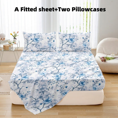 Conjunto de 3 peças de lençol de cama ajustável e fronhas em microfibra, estampado, toque macio, respirável, para cama queen size, capa de colchão