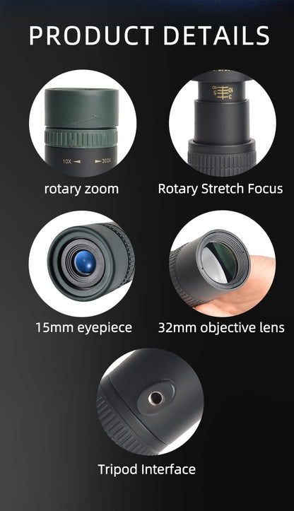 Telescópio Zoom 10-300x40 HD 4K Portátil Binóculo Potente Longo Alcance Monocular Profissional BAK4-Prismas Para Caça Acampamento