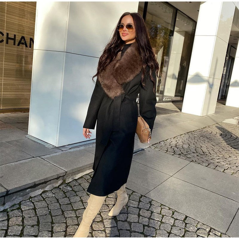 Solid Fur Collar Woolen Maxi Coat Women Fashion Lapel Full Sleeve Lace Up Pocket Loose Long Jacket Lady Autumn Daily Street Wear