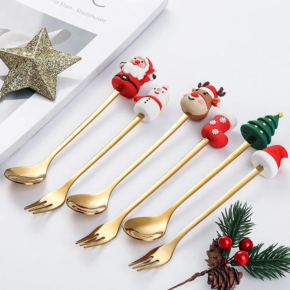 Conjunto de Talheres com Tema Natalino Aço Inoxidável Faca Garfo Colher com Desenho Animado Criativo Conjunto de 2/4/6 Peças Presente de Fim de Ano Decoração de Talheres