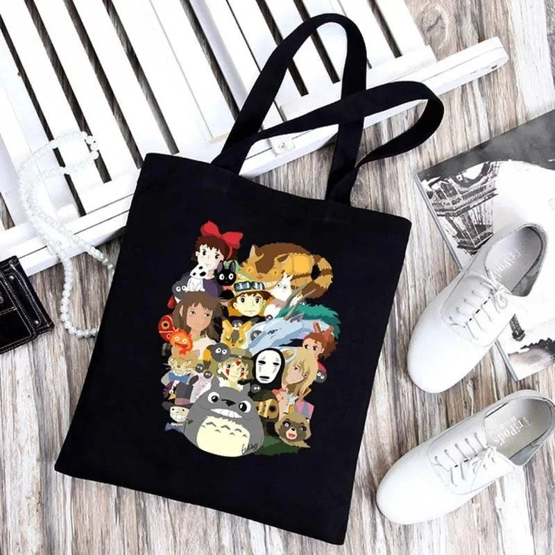 Sacola de Ombro Dobrável em Lona Preta Studio Ghibli, Leve, Grande, Reutilizável, Ecológica para Uso Casual