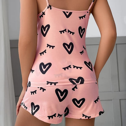 Pijama para Mujer 2 Piezas - Estampado de Corazón, Camisola + Pantalones Cortos | Ropa de Dormir Veraniega Bonita y Cómoda para