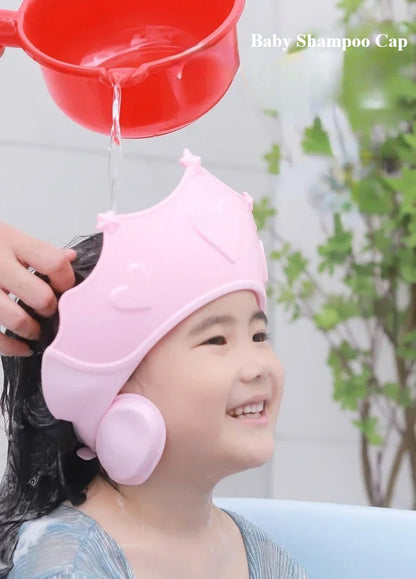 Chapéu de banho de borracha macia ajustável à prova d'água para bebês, proteção auricular infantil, xampu seguro para crianças, chapéu de bebê padrão coroa