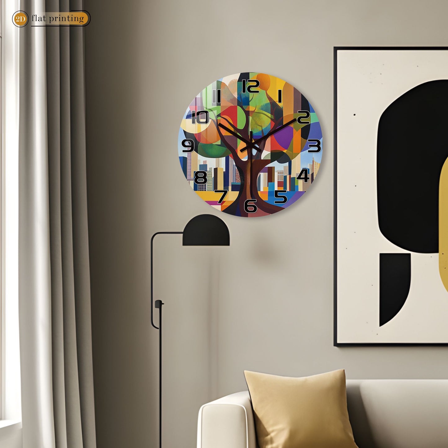 Geometric Abstract Tree Wall Clock, Colorful Cityscape Backdrop, Modern Art Urban Nature Fusion Home Decor