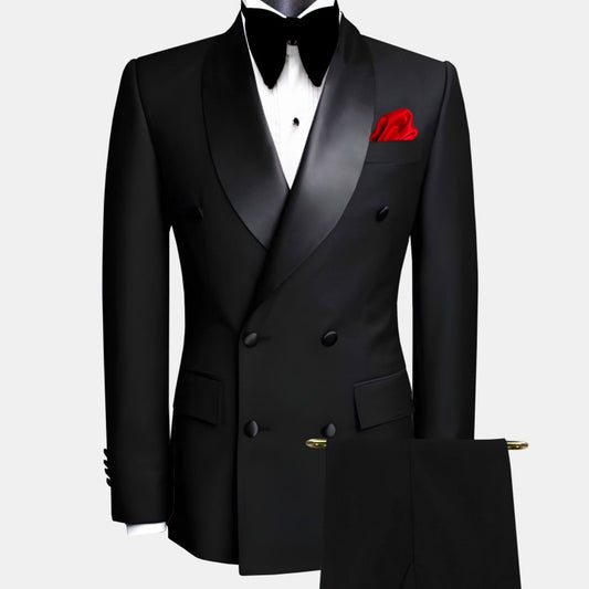 Men Suit Black 2 Pieces Double Button With Black Lapel For Wedding Groom Business Birthday Banquet Work Suit Jacket And Pants