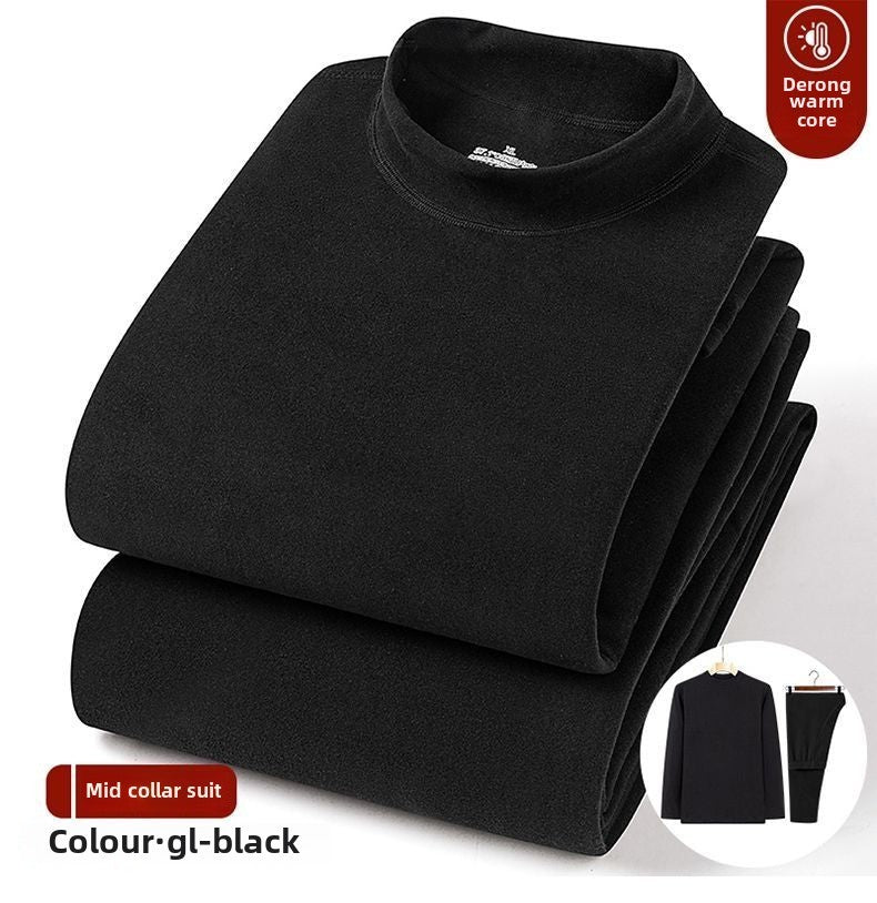 Winter Top and Pants Set Home Wear Warmth Solid Casual Men's Deerskin Thermal Suit High Collar Underwear Heat Velvet Tshirt Set